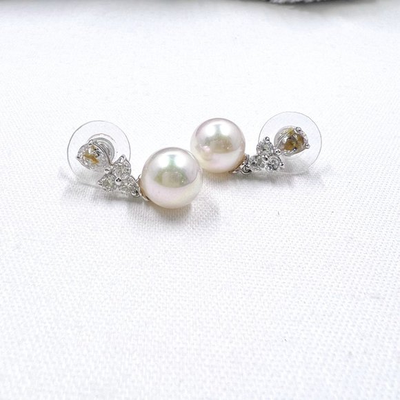 Jewelry - White 14K and Sterling Silver CZ Drop Faux Pearl Earrings